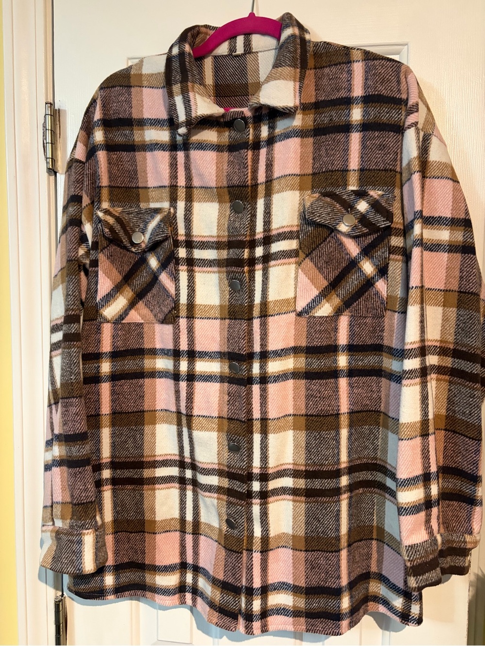 Pink and Brown Plaid Button-Up Shacket